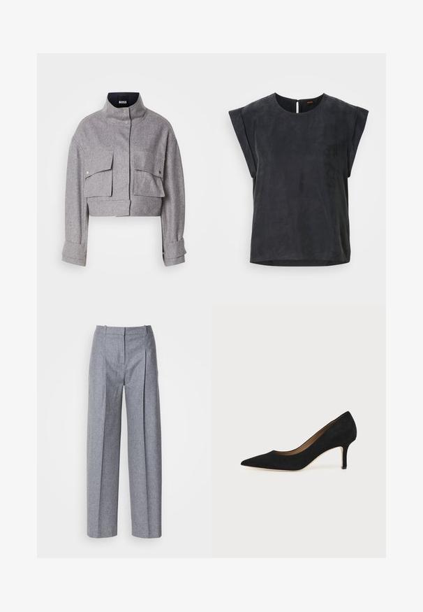 Chaqueta gris corta con cuello alto, dos bolsillos frontales con solapa y botón a presión, y mangas largas con detalles en los puños.; Top negro de manga corta con escote redondo y diseño minimalista. Textura suave con un brillo sutil, que cuenta con un cierre de ojal en la parte posterior.; Pantalones de pierna ancha color gris claro con una tela texturizada, que presentan pliegues en la parte delantera y una cintura entallada. Diseño minimalista, sin herrajes visibles.; Salón de ante negro con punta puntiaguda, tacón de aguja delgado de altura media y diseño de corte bajo sobre un fondo liso.