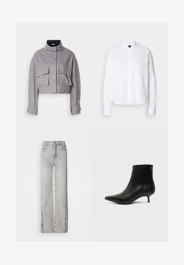 Veste grise courte avec col montant, deux poches avant à rabat avec boutons-pression, et manches longues avec détails de poignet.; Chemise blanche à col avec patte de boutonnage à l'avant, manches longues et poignets à boutons. Fabriquée en coton lisse avec une coupe structurée.; Jean large en denim bleu clair avec un délavage, doté d'une fermeture éclair, de cinq poches et de coutures contrastantes.; Bottine en cuir noir avec bout pointu et petit talon kitten sur fond clair, vue côté extérieur.