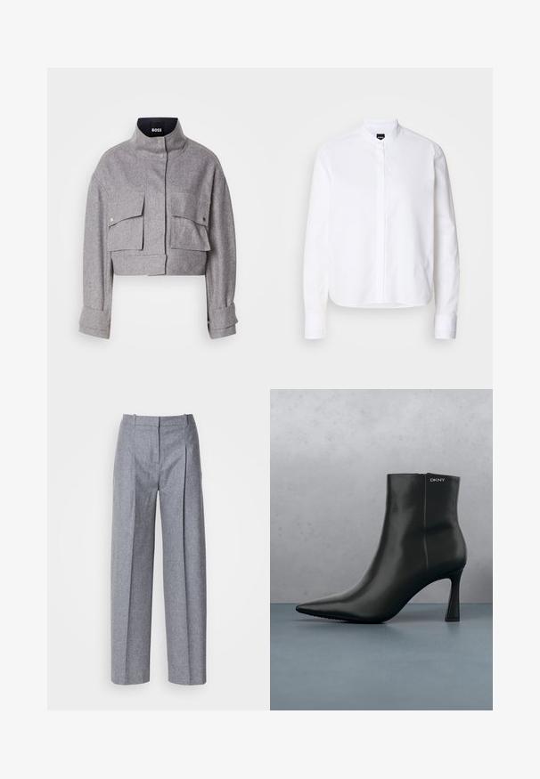 Grå cropped jakke med høj krave, to forlommer med klap og trykknapper, og lange ærmer med manchet detaljer.; Hvid skjorte med krave, front placket, lange ærmer og knapmanchetter. Lavet af glat bomuldsstof med en struktureret pasform.; Lys grå bredbenede bukser i et struktureret stof, med plisseringer foran og en skræddersyet talje. Minimalistisk design, ingen synlig hardware.; Sort læder ankelstøvle med spids tå og geometrisk hæl. Har subtil branding og en glat overflade. Baggrunden består af strukturerede fliser.