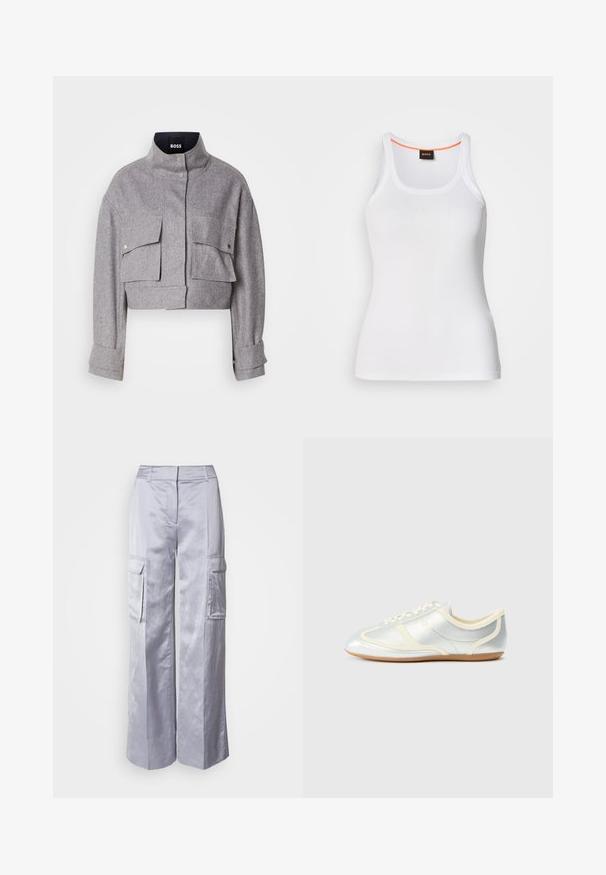 Grijze cropped jas met hoge kraag, twee voorflapzakken met drukknoopsluitingen en lange mouwen met manchetdetails.; Wit geribd tanktop met een ronde hals, voorzien van een smal bandjesontwerp en een oranje accent langs de binnenkant van de halslijn. Merkembleem zichtbaar.; Lichtgrijze wijde cargobroek van gladde stof, met zijzakken, een getailleerde tailleband en geen zichtbare sluitingen of ritsen.; Zilverkleurige synthetische sneakers met crème accenten, laag profiel, afgeronde neus en platte rubberen zool; voorzien van klassieke stiksels en vetersluiting.