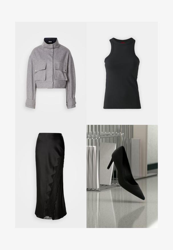 Grijze cropped jas met hoge kraag, twee voorflapzakken met drukknoopsluitingen en lange mouwen met manchetdetails.; Zwarte mouwloze tanktop gemaakt van rekbare stof. Heeft een ronde hals en een aansluitende snit met minimale stikdetails.; Zwarte satijnen rok met een gestructureerde afwerking, kantafwerking aan één kant en een rechte snit. Inclusief een discrete zijsplit en sluiting.; Zwarte high-heeled schoen in balans op de hiel op een reflecterende aanrecht bij metalen ordnerhouders met witte mappen.