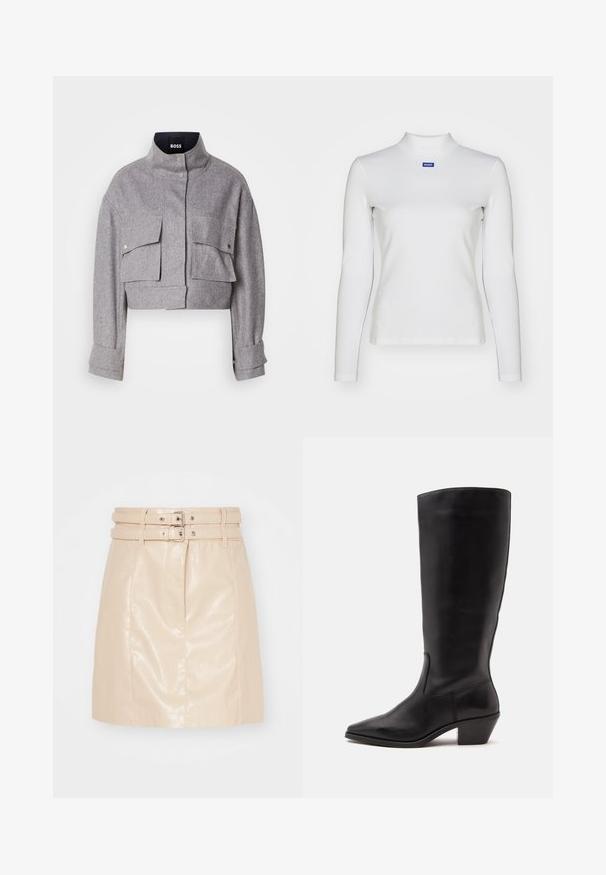 Grå cropped jakke med høj krave, to forlommer med klap og trykknapper, og lange ærmer med manchet detaljer.; Hvid langærmet turtleneck-top lavet af strækstof, med en tætsiddende design og et lille blåt logo på brystet.; Beige faux læder nederdel med en tætsiddende design, der har to spænde bælter i taljen og en glat, blank tekstur.; Sort læderstøvle til midtkalv med spids tå og lavt skråt hæl på en enkel lys baggrund.