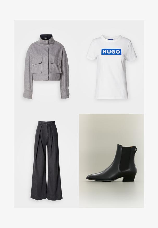 Grijze cropped jas met hoge kraag, twee voorflapzakken met drukknoopsluitingen en lange mouwen met manchetdetails.; Witte katoenen t-shirt met een blauw rechthoekig "HUGO" logo dat over de borst is gedrukt. Klassieke ronde halslijn en korte mouwen.; Zwarte denim broeken met wijde pijpen en een hoge taille, voorzien van voorplooien en een klassieke ritssluiting. Strakke, gladde textuur met een nette afwerking.; Zwarte leren enkellaarzen met een puntige neus, lage blokhak, elastisch zijpaneel en een achterste aantreklus op een neutrale achtergrond.