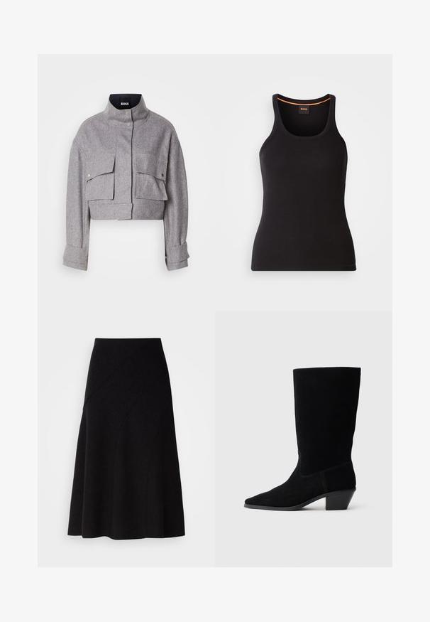 Grijze cropped jas met hoge kraag, twee voorflapzakken met drukknoopsluitingen en lange mouwen met manchetdetails.; Zwart geribd tanktopje met een ronde halslijn. Heeft een aansluitende pasvorm en een oranje accent bij de hals. Het merklogo is subtiel op de voorkant geborduurd.; Zwarte wollen A-lijn rok met een middelhoge taille, voorzien van diagonale naaddetails en een gladde textuur, die net onder de knie valt.; Zwarte suede enkellaars met een spitse neus, een schacht van gemiddelde hoogte en een chunky hak. Heeft minimaal stikwerk en een gladde textuur.