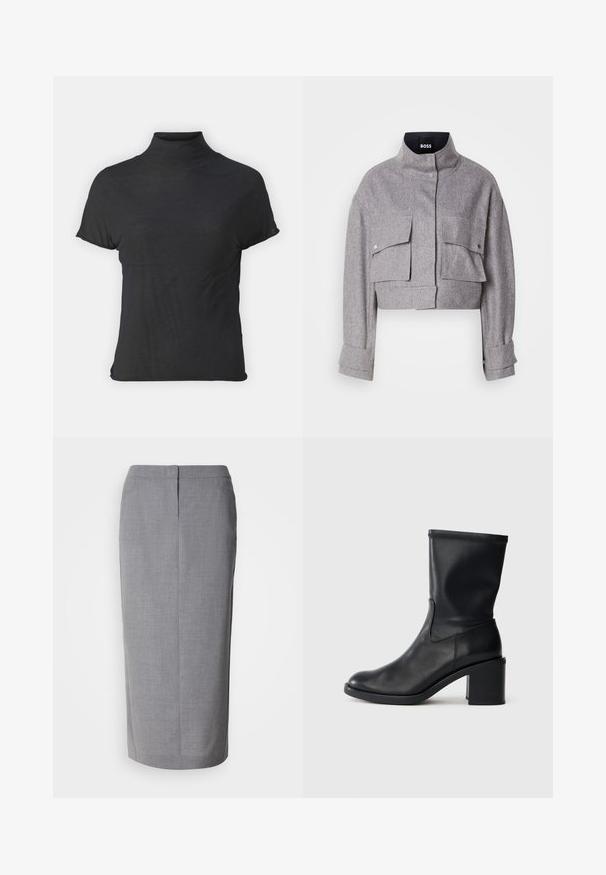 Grau verkürzte Jacke mit hohem Kragen, zwei vorderen Klappentaschen mit Druckknöpfen und langen Ärmeln mit Manschettendetails.; Schwarzes, kurzärmliges Turtleneck-Oberteil aus leichtem Stoff mit glatter Textur und figurbetonter Passform, ausgestattet mit einem hohen Kragen.; Grauer Bleistiftrock aus strukturiertem Stoff, mit gerader Schnittführung, Rückenschlitz und verdecktem Reißverschluss auf der Rückseite.; Schwarze Leder-Ankle Boots mit runder Zehenform, glatter Oberfläche und dicker Absatz, ausgestattet mit einem eng anliegenden Schaft und subtilen Nähten.