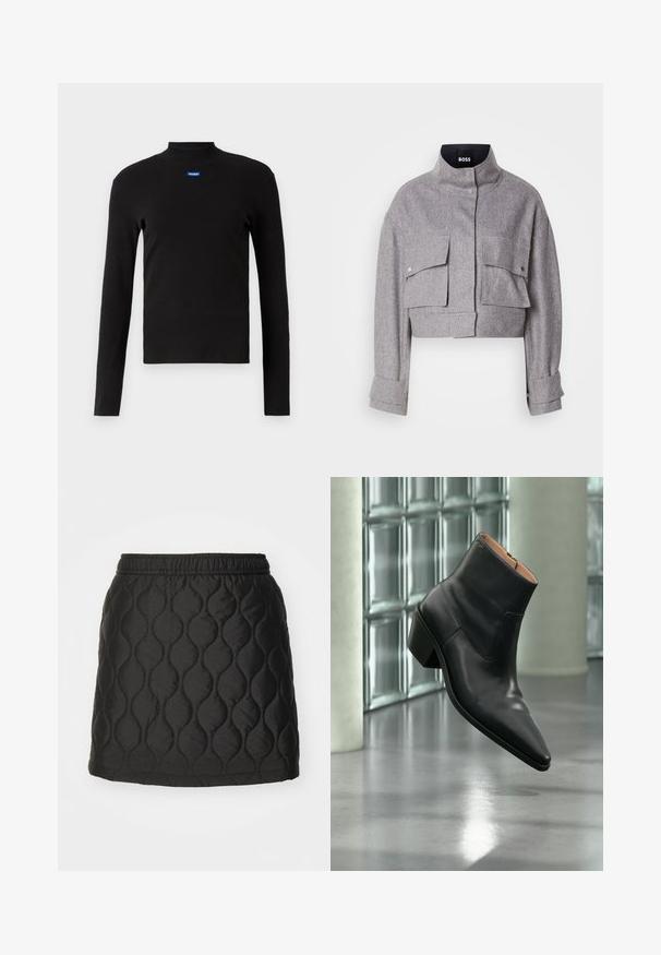 Grå cropped jakke med høj krave, to forlommer med klap og trykknapper, og lange ærmer med manchet detaljer.; HUGO EASY - Langærmet T-shirt - schwarz; Sorte quiltede nederdel med en bølget mønster, elastisk talje og en glat, skinnende overflade. Længde til midten af låret uden synligt hardware.; Sort læderankelstøvle med spids tå og blokhæl, der svæver over en reflekterende grå gulv nær en væg af glasblokke.