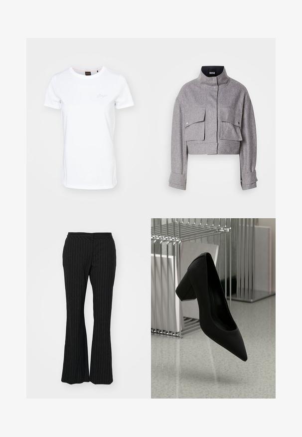Grijze cropped jas met hoge kraag, twee voorflapzakken met drukknoopsluitingen en lange mouwen met manchetdetails.; Witte T-shirt met korte mouwen, gemaakt van katoen. Heeft een ronde halslijn en een subtiel geborduurd logo op de borst. Soepele textuur.; Zwarte flared broek met streepjes, met een gladde textuur en een middelhoge taille, ontworpen met een slim fit en een subtiele glans.; Zwarte hoge hak schoen met een spitse neus en een chunky hak, gemaakt van gestructureerd leer, zwevend boven een gladde vloer.