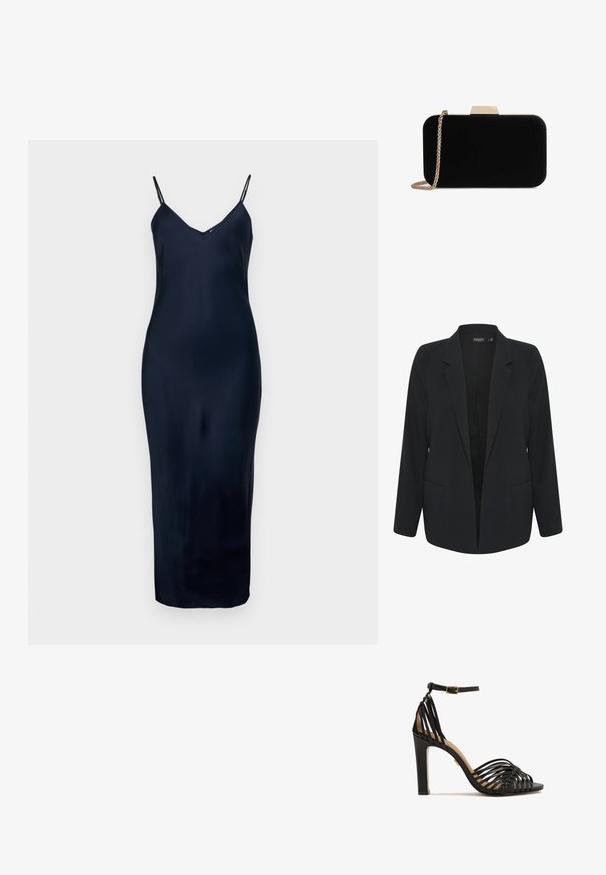 Blazer negro con un diseño ajustado, solapas muesca y dos bolsillos frontales; hecho de una tela suave con un ajuste estructurado.; Vestido sin mangas de color azul marino, con tirantes finos, escote en V, textura suave y silueta ajustada, que llega a mitad de la pantorrilla.; Sandalia de tacón alto negra con diseño de tiras trenzadas, punta abierta, correa para el tobillo con hebilla y una plataforma texturizada. Acabado suave y silueta elegante.; Clutch de terciopelo negro con herrajes en tono dorado, de forma rectangular y con correa de cadena, que presenta una textura suave y sin patrones visibles.