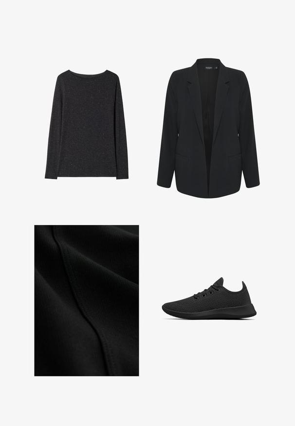 Blazer negro con un diseño ajustado, solapas muesca y dos bolsillos frontales; hecho de una tela suave con un ajuste estructurado.; Jersey gris oscuro de manga larga con cuello redondo y textura ligeramente jaspeada, mostrado plano sobre un fondo blanco.; Primer plano de tela negra con textura fina acanalada y costura visible que atraviesa la superficie en diagonal.; Allbirds TREE RUNNERS - Zapatillas - jet black