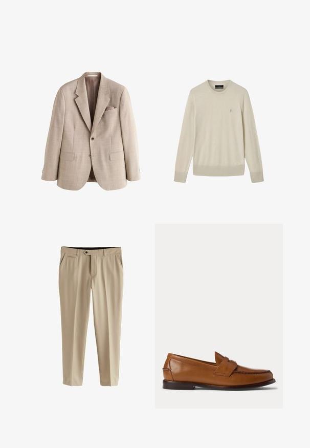 Blazer beige de hombre de un solo botón con solapas con muesca, dos botones, dos bolsillos delanteros con solapa y un bolsillo en el pecho que contiene un pañuelo a juego.; Suéter beige de manga larga con cuello redondo, puños y dobladillo acanalados, con un pequeño logo bordado en el pecho izquierdo.; Pantalones de vestir beiges hechos de tela suave. Tienen un frente plano, dos bolsillos laterales y un cierre de botón con cremallera.; Zapato tipo mocasín penny loaf de cuero marrón con tacón bajo y detalles cosidos en la parte frontal y los laterales, mostrado de lado sobre un fondo blanco.