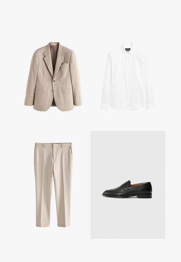 Beige enkeltbrystet herreblazer med notch revers, to knapper, to frontklaplommer og en brystlomme med et matchende lommetørklæde.; Hvid skjorte med button-down krave, lange ærmer og front knaplukning. Stoffet fremstår glat med en let glans.; Beige slim-fit bukser med bæltestropper, sidelommer og front lynlås lukning, vist fladt på en hvid baggrund.; Sort læder loafer med rund tå, diskret syning, og lav hæl, der har en glat tekstur og minimalistisk design.