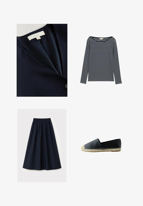 Marine linnen blazer met een V-hals ontwerp, gladde textuur en een enkele knoopsluiting. Zorglabel zichtbaar aan de binnenkant.; Navy en witte gestreepte langarmshirt met een brede halslijn, gemaakt van een zacht materiaal, met gelijkmatig verdeelde horizontale strepen.; Marineblauwe rok gemaakt van gladde stof, voorzien van een elastische tailleband, uitlopende pasvorm en een knielengte. Geen patronen of accenten zichtbaar.; Zwarte leren espadrille instapschoen met gevlochten juten zool en contrasterende stiksels op een witte achtergrond, zijaanzicht.