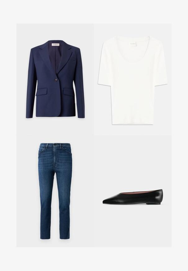 Navyblå blazer med enkelt knaplukning, notch revers, to forlommer med klap og en brystlomme, vist på en ensfarvet lys baggrund.; Hvid kortærmet T-shirt med rund halsudskæring. Fremstillet af blødt bomuldsstof, har den en afslappet pasform og minimalistisk design.; Blå slim-fit jeans med klassisk fem-lomme design og knaplukning, med subtil fading og ren lige ben skæring.; Sort damesko i læder med flad hæl og spids tå, vist fra siden på en ensfarvet lys grå baggrund.
