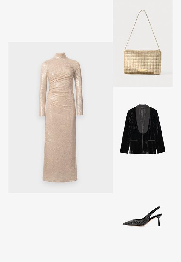 Sort fløjl blazer med satin sjalskrave, der har forlommer og en tekstureret overflade, hvilket skaber et slankt og formelt udseende.; Lang, tætsiddende kjole i en lys beige farve, lavet af pailletstof. Har høj hals og lange ærmer med sammenkrøllet detaljering.; Sorte suede slingback pumpe med spids tå, prydet med metalliske nitter og en blank sort stiletto hæl. Glat indvendig foring.; Guldfarvet clutchtaske med rektangulært design, dækket af skinnende, sølvfarvede rhinsten. Har en tynd metallisk skulderrem og lynlåslukning.