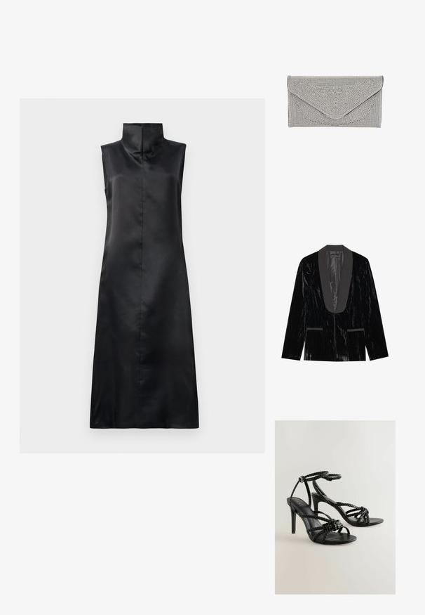 Zwarte fluwelen blazer met een satijnen sjawlkragen, voorzien van voorzakken en een gestructureerd oppervlak, wat zorgt voor een elegante en formele uitstraling.; Zwarte satijnen mouwloze jurk met een hoge kraag, een gladde textuur en een rechte, enkellange silhouet. Minimalistisch ontwerp zonder versieringen.; Zwarte hoge hakken sandaaltjes met vlechtbandjes, enkelgesp en een gladde textuur. Open teendesign met slanke stilettohak.; Zilveren clutch met een textuur en studs. Heeft een envelopontwerp met een schuine klep en contrasterende zwarte rand.