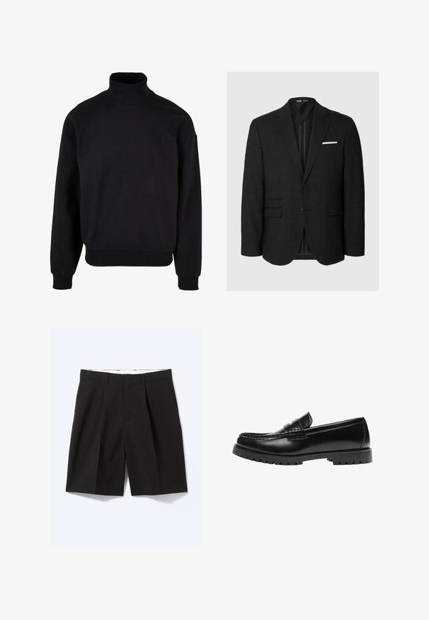Blazer noir simple boutonnage avec revers crantés, deux boutons, poches à rabat et un mouchoir blanc dans la poche sur fond uni.; Sweatshirt noir à col roulé avec une coupe décontractée, des manches longues et des poignets côtelés. Fabriqué en tissu doux et texturé.; Shorts noirs sur mesure longueur genou avec passants de ceinture, poches latérales, fermeture par boutons et plis devant, posés à plat sur fond blanc.; Mocassin en cuir noir avec une semelle en caoutchouc épaisse et un détail classique de bride à monnaie, vu de côté extérieur.