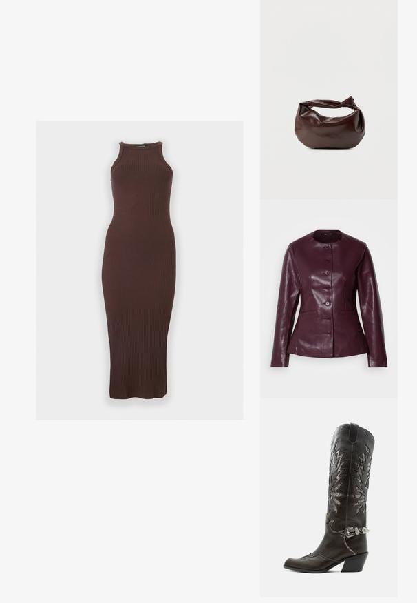 Veste en cuir bordeaux avec un col rond, fermeture à boutons sur le devant, deux poches latérales et une texture lisse et brillante.; Robe midi sans manches, côtelée, marron foncé avec un col montant et une silhouette ajustée sur un fond clair uni.; Botte de cowboy en cuir noir avec découpes décoratives, boucle argentée et talon incliné, présentée sur fond blanc.; Sac bandoulière en cuir marron foncé avec une forme souple et décontractée et une anse nouée torsadée sur un fond blanc uni.