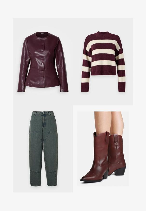 Burgunderlederjacke mit rundem Ausschnitt, Frontknopfverschluss, zwei seitlichen Taschen und glatter, glänzender Textur.; Vero Moda Knitted VMINEZ Knitted - Strickpullover - winetasting/birch; Dunkelblaue Denim-Hosen mit lässiger Passform, ausgestattet mit Seitentaschen und kontrastierenden Nähten. Der Stoff hat eine leicht verblasste Textur.; Beine, die mittelhohe, dunkelbraune Lederstiefel im Western-Stil mit spitzen Zehen und Blockabsätzen tragen, vor einem weißen Hintergrund.
