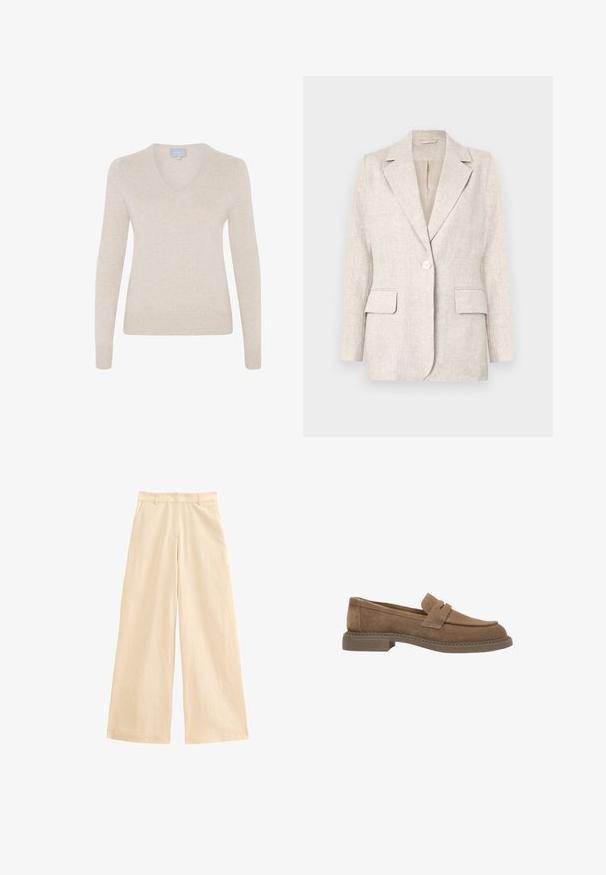 Hellbeige Leinenblazer mit Reverskragen, einer Knopfverschluss und zwei Fronttaschen. Glatte Textur mit tailliertem Schnitt.; Beiger V-Ausschnitt-Pullover aus weichem Material, mit langen Ärmeln, taillierter Silhouette und geripptem Saum. Keine Muster oder sichtbare Hardware.; Beige weit geschnittene Hose aus leichtem Stoff. Mit hoher Taille, Reißverschluss und Taschen vorne. Glatte Textur mit dezenter Seidigkeit.; Braune Wildleder-Slipper mit einem niedrigen, quadratischen Gummiabsatz, ausgestattet mit einer genähten Ziernaht und doppelten Riemen über dem Fußrücken für zusätzlichen Detail.