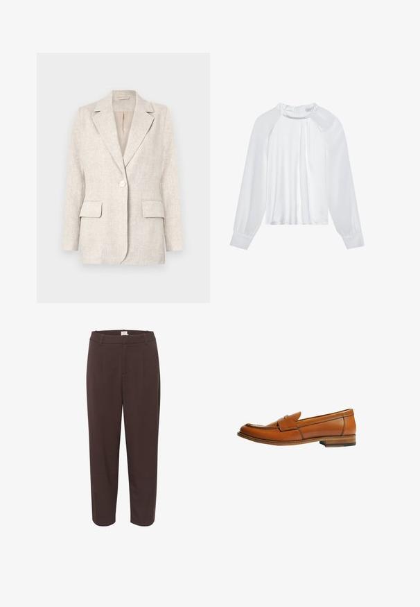 Blazer en lin beige clair avec un col cranté, fermeture à un bouton et deux poches à l'avant. Texture lisse avec une coupe ajustée.; Blouse en satin blanc avec des manches longues, un col rond et un détail plissé à l'avant. Présente une fermeture éclair au dos et des poignets ajustés. Texture lisse.; Pantalons marron au design tailleur, dotés d'une taille, de plis avant et d'une coupe droite. Texture lisse et détails minimalistes.; Mocassin en cuir marron avec talon plat, bout arrondi et une bride décorative traversant le dessus. Texture lisse avec un détail de couture contrastée.