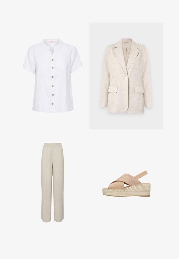 Lichtbeige linnen blazer met een notch-kraag, enkele knoopsluiting en twee voorzakken. Glad textuur met een getailleerde pasvorm.; Witte linnen shirt met een korte, ronde kraag, voorzien van een knoopsluiting met houten knopen en verticale stikdetails.; Beige linnen broeken met een hoge taille, voorzien van een sluiting met knopen aan de voorkant, twee zijzakken en een ontspannen, rechte pasvorm.; Beige sleehaksandaal met een geweven plateauzool, brede gekruiste suède bandjes en een elastisch hielbandje.