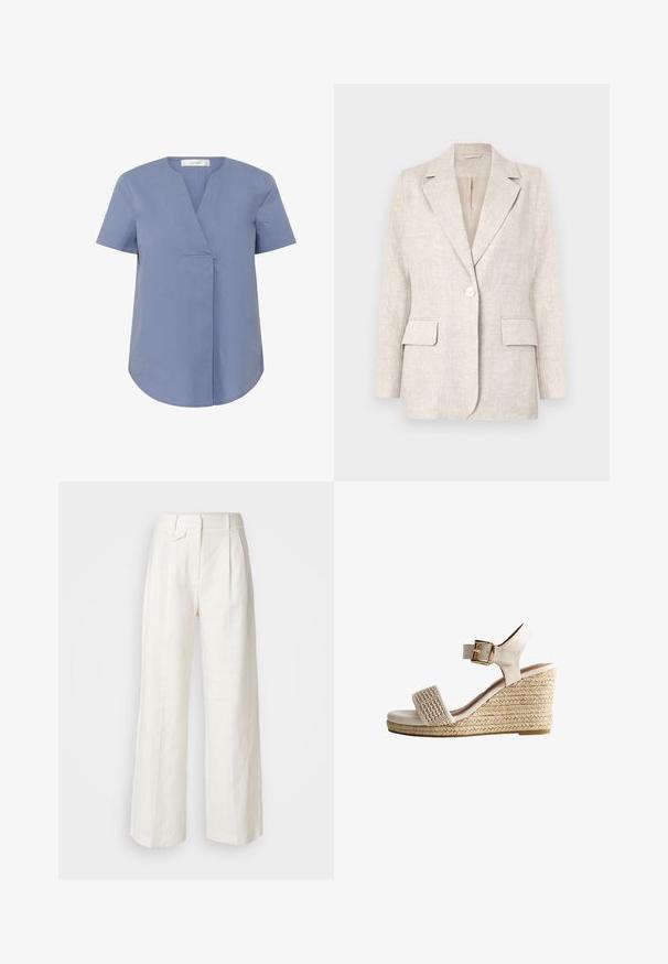 Lys beige linned blazer med notched krave, enkelt knappelukning og to forlommer. Glat tekstur med en skræddersyet pasform.; Kortærmet bluse med v-udskæring i lyseblå, med en plisseringdetalje foran, rund bundkant og glat tekstur.; Hvide linned bukser med brede ben, front folder, en enkelt knaplukning og sidelommer, der har en glat tekstur og struktureret design.; Hvide kilehæle med vævet overdæksel og ankelrem. Har en guldbuckle og en tekstureret jute-platform. Glat læderfinish.