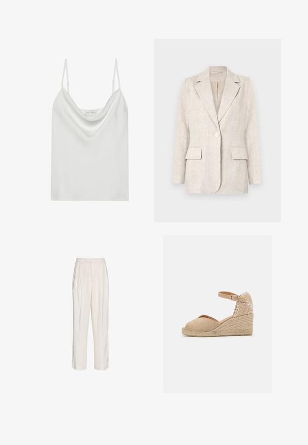 Blazer en lin beige clair avec un col cranté, fermeture à un bouton et deux poches à l'avant. Texture lisse avec une coupe ajustée.; Camisole en satin blanc avec un décolleté drapé, des fines bretelles réglables et une base droite. L'étiquette "ANNA FIELD" est visible à l'intérieur.; Pantalon blanc taille haute sur mesure avec plis, passants de ceinture et jambes droites, présenté sur un fond blanc uni.; Castañer BIANCA - Espadrilles - sand