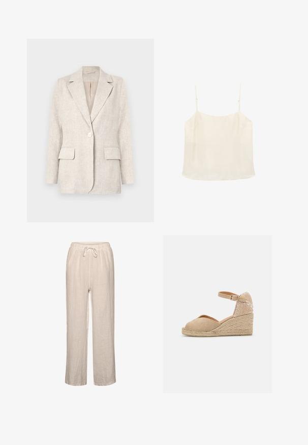 Blazer en lin beige clair avec un col cranté, fermeture à un bouton et deux poches à l'avant. Texture lisse avec une coupe ajustée.; Haut caraco sans manches de couleur crème avec fines bretelles ajustables et encolure droite sur fond blanc.; Pantalons en lin beige clair avec une taille élastique et un cordon de serrage, présentant une coupe décontractée et une jambe droite.; Castañer BIANCA - Espadrilles - sand