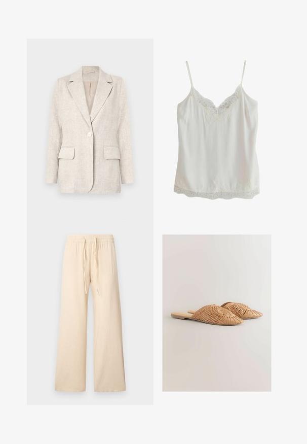 Lichtbeige linnen blazer met een notch-kraag, enkele knoopsluiting en twee voorzakken. Glad textuur met een getailleerde pasvorm.; Witte mouwloze top met dunne bandjes en kanten rand aan hals en zoom, gemaakt van gladde stof.; Beige broek met wijde pijpen gemaakt van zacht materiaal, met een elastische taille en een trekkoord zonder zichtbare patronen of accenten.; Geweven leren slidesandalen in lichtbruin, met een oversized geweven bovenkant en een platte zool. De spitse neus zorgt voor een strakke uitstraling.
