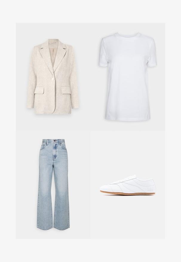 Lys beige linned blazer med notched krave, enkelt knappelukning og to forlommer. Glat tekstur med en skræddersyet pasform.; Simpel hvid T-shirt med korte ærmer og rund hals, normal pasform og et lille indvendigt mærke på nakken med teksten "SELECTED FEMME."; Lysblå denim brede ben jeans med høj talje, klassisk fem-lomme design og kontrasterende syninger. Uslebne kanter i bunden.; Hvid lavtstående sneaker med snøresystem, glat læderoverdel, diskrete syninger og lysbrun gummisål.