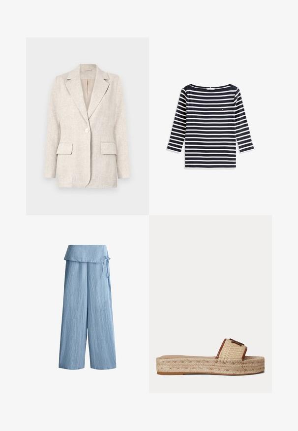 Blazer en lin beige clair avec un col cranté, fermeture à un bouton et deux poches à l'avant. Texture lisse avec une coupe ajustée.; Chemise à manches longues rayée bleu marine et blanc, avec encolure bateau et petit logo sur la poitrine gauche.; Pantalon large bleu clair à rayures verticales, taille rabattue et petit détail de nœud sur le côté.; Sandale à enfiler tissée beige avec semelle plateforme tressée épaisse et bordure en cuir marron sur la bride, sur fond uni.