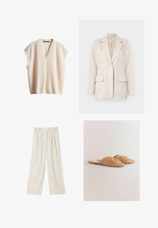 Lichtbeige linnen blazer met een notch-kraag, enkele knoopsluiting en twee voorzakken. Glad textuur met een getailleerde pasvorm.; Licht beige kortemouw shirt met een V-hals, met een gestructureerde stof en subtiele verticale strepen. Zacht, ademend materiaal, relaxte pasvorm.; Wijde broekspijpen in lichtbeige stof, met dubbele plooien aan de voorkant en een rechte snit, met een gladde textuur en zonder zichtbare hardware.; Geweven leren slidesandalen in lichtbruin, met een oversized geweven bovenkant en een platte zool. De spitse neus zorgt voor een strakke uitstraling.