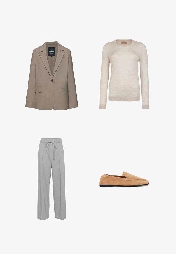 Beiger, einreihiger Blazer mit einem Knopf, mit Reverskragen, Pattentaschen und einem Pull&Bear-Label im Krageninnenseite.; Langarm-Pullover mit Rundhalsausschnitt in hellbeige, hergestellt aus feinem Strickstoff mit gerippten Bündchen und Saum.; Graue Leinen-Hose mit weitem Bein und hohem Bund, ausgestattet mit einem Kordelzug, Falten an der Vorderseite und einer weichen, strukturierten Oberfläche.; Hellbrauner Wildlederschuh mit schwarzer, niedriger Sohle, elastischem Rückenteil und kleinem goldenem Markenlogo nahe dem oberen Rand, Seitenansicht.