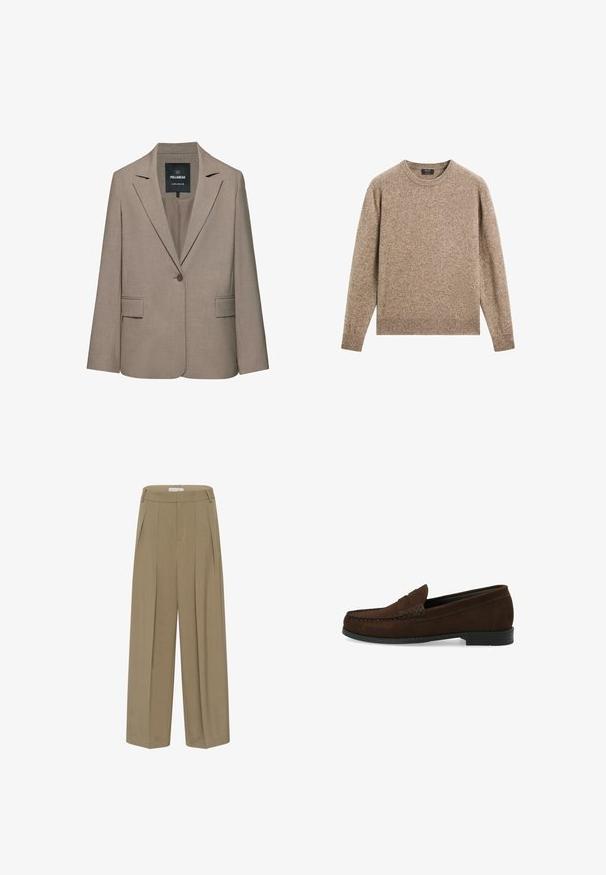 Beige, op maat gemaakte blazer met één knoop, revers met inkeping, klepzakken en een Pull&Bear-label aan de binnenkant van de kraag.; Bruine crewneck trui met lange mouwen en ribgebreide manchetten en zoom, uitgespeeld tegen een witte achtergrond.; Beige wijde broek gemaakt van gestructureerde stof, met een hoge taille, plooien en een strakke, gestructureerde uitstraling. Netjes afgewerkt zonder zichtbare hardware.; Bruine suède instapschoenen met een gestikt moccasin-neus, platte zwarte rubberen zool en een decoratieve bovenband en detail.
