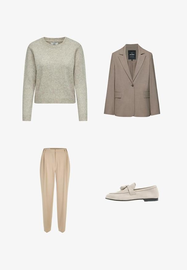 Beige, op maat gemaakte blazer met één knoop, revers met inkeping, klepzakken en een Pull&Bear-label aan de binnenkant van de kraag.; Lichtbeige vrouwen trui gemaakt van zacht gebreide stof, met een ronde halslijn en ribgebreide manchetten en zoom. Klassiek, recht gesneden ontwerp.; Beige op maat gemaakte broeken met riemlussen, rechte pijpen en een verborgen voorknopen, gepresenteerd op een witte achtergrond.; Lichtbeige suède loafer met tassel-detail, ronde neus, lage zwarte hak en gestikte bovenkant, zijaanzicht op witte achtergrond.