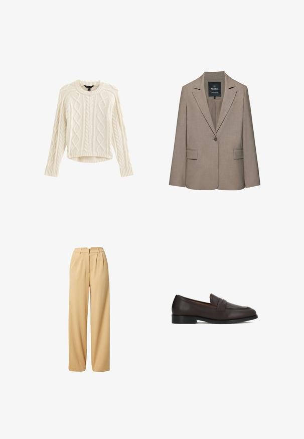 Blazer beige à un bouton, sur mesure, avec revers crantés, poches à rabat et une étiquette Pull&Bear à l'intérieur du col.; Pull léger en crème avec des motifs en maille torsadée, col rond et manches longues. Présente un ourlet court et un tissu texturé pour plus de chaleur.; Pantalons larges beiges avec devant plissé, en tissu lisse, dotés de passants de ceinture et d'un design minimaliste.; Mocassins en cuir marron avec une finition lisse, un bout arrondi et un détail décoratif à l'avant. Semelle robuste et légère élévation du talon.
