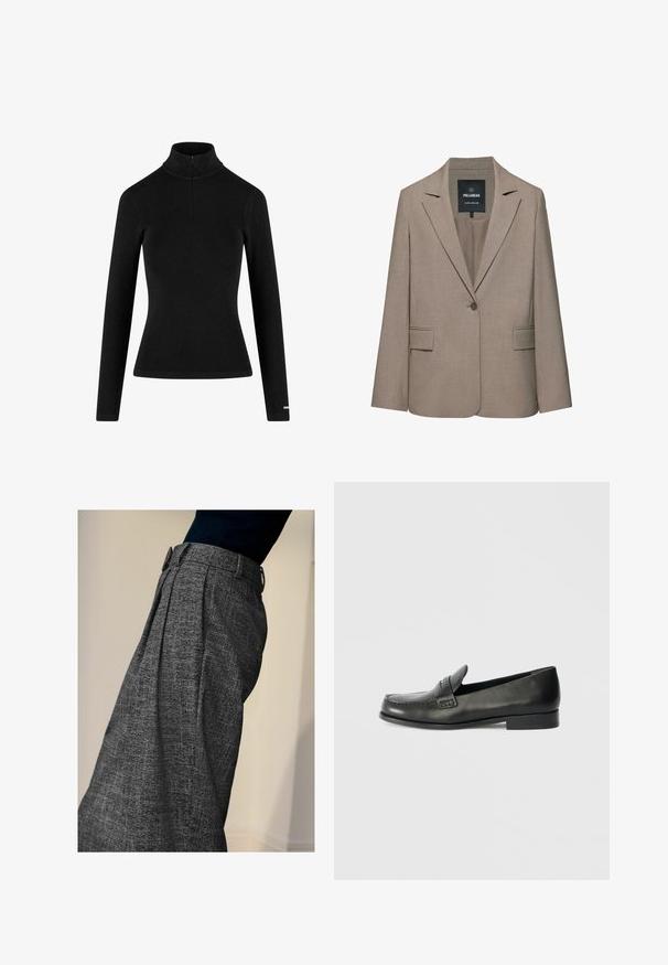 Beige skræddersyet blazer med enkelt knap, hakkede revers, klaplommer og et Pull&Bear-mærke inde i kraven.; Sort ribbet langærmet turtleneck med en lynlås i kraven og tætsiddende silhuet, lavet af et blødt, strækbart stof. Minimalistisk design.; Person iført højtaljede grå strukturerede bukser med frontfolder og en sort top, vist fra siden mod en ensfarvet baggrund.; Sorte læder loafers med en rund tå, forhøjede syningsdetaljer og en lav, stablet hæl. Glat tekstur med en subtil glans.