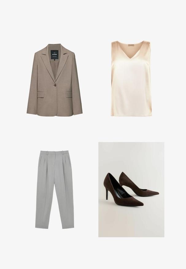 Beiger, einreihiger Blazer mit einem Knopf, mit Reverskragen, Pattentaschen und einem Pull&Bear-Label im Krageninnenseite.; Beige ärmelloses Top aus glattem Stoff mit V-Ausschnitt und geradem Saum. Minimalistischer Stil ohne zusätzliche Muster oder Akzente.; Hellgraue, maßgeschneiderte Hose mit vorderen Bundfalten, seitlichen Schlitztaschen, Gürtelschlaufen und geradem Bein.; Braune Wildleder High Heels mit einer spitzen Zehenform und einer eleganten Silhouette. Die Schuhe verfügen über ein glänzendes schwarzes Innenfutter und einen schlanken Stiletto-Absatz.