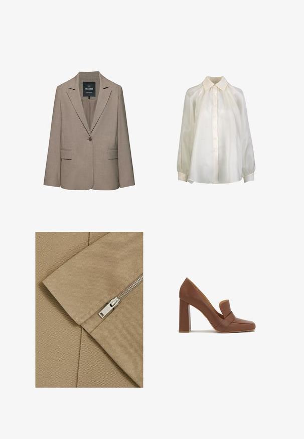 Beiger, einreihiger Blazer mit einem Knopf, mit Reverskragen, Pattentaschen und einem Pull&Bear-Label im Krageninnenseite.; Bluse mit langen Ärmeln in Cremefarbe, vorne mit Knöpfen, spitzem Kragen, gerafften Schultern und Manschettenärmeln.; Beige Stoff mit strukturierter Oberfläche und diagonaler Naht, ausgestattet mit einem silbernen Reißverschluss und einem rechteckigen Zipper.; Braunes Lederhochzeitschuh mit quadratischer Spitze und einem breiten Riemen auf der Vorderseite. Der Absatz ist blockförmig und stabil.