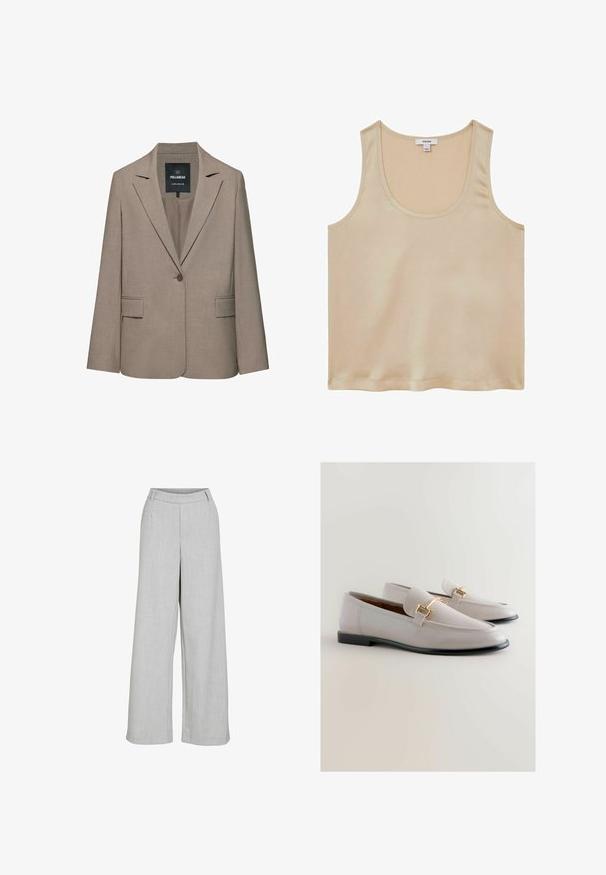 Beige skræddersyet blazer med enkelt knap, hakkede revers, klaplommer og et Pull&Bear-mærke inde i kraven.; Reiss REGULAR FIT - Bluse - neutral; Lys grå vide bukser lavet af struktureret stof, med flad front, bæltestropper og et rent, skræddersyet udseende.; Lys grå læder loafers med spids tå, der har en guldtonet metalaccent og en lav sort hæl. Glat tekstur, minimalistisk design.