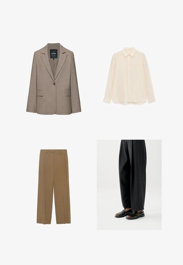 Beige, op maat gemaakte blazer met één knoop, revers met inkeping, klepzakken en een Pull&Bear-label aan de binnenkant van de kraag.; Roomkleurig overhemd met knopen, gemaakt van een gladde stof, met een kraag, lange mouwen en een licht gebogen zoom.; Wijduitlopende broek van lichtgewicht stof in een effen bruine kleur, met een plissee aan de voorkant en een aangesloten tailleband.; Zwarte loafers met een glanzende leren afwerking, voorzien van een decoratieve band over de bovenkant, gecombineerd met loszittende zwarte broeken.