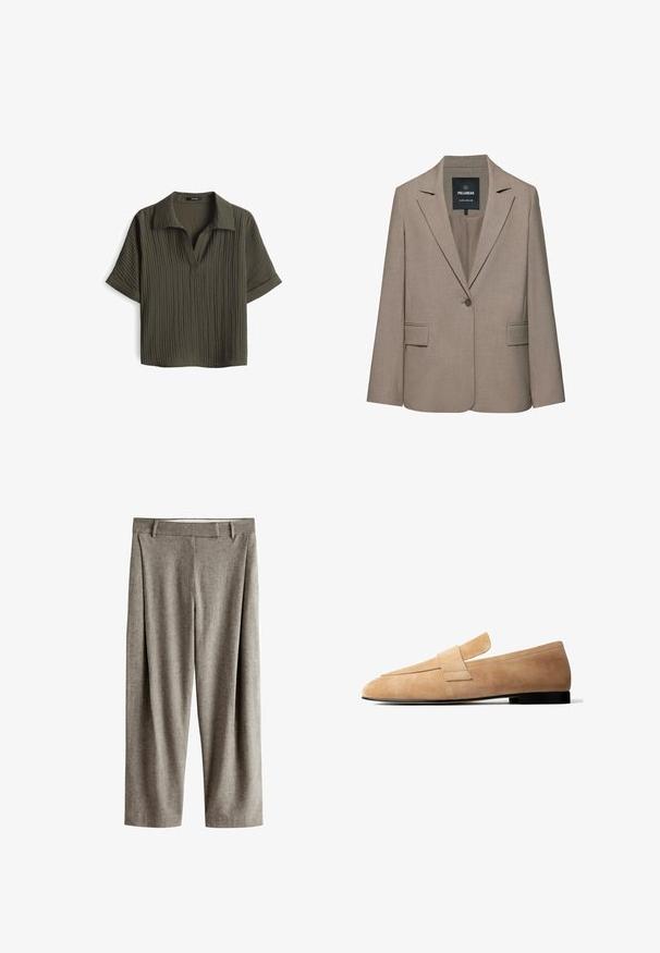Beige, op maat gemaakte blazer met één knoop, revers met inkeping, klepzakken en een Pull&Bear-label aan de binnenkant van de kraag.; Korte mouwen, geknoopte blouse in donkergroen met een gestructureerde, ribbelstof. Heeft een v-hals en opgerolde mouwen voor een ontspannen pasvorm.; Rechte grijze pantalons met riemlussen, een vlakke voorkant en een subtiele textuur op een witte achtergrond.; Lichtbruine suède loafer met een lage zwarte hak en een brede band over de bovenkant, weergegeven in zijaanzicht tegen een witte achtergrond.