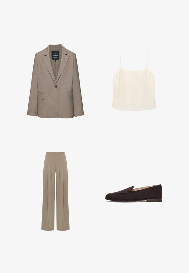 Beige skræddersyet blazer med enkelt knap, hakkede revers, klaplommer og et Pull&Bear-mærke inde i kraven.; Flødefarvet ærmeløs camisole-top med tynde justerbare stropper og en lige halsudskæring på hvid baggrund.; Beige højtaljede bukser med vide ben og forreste folder, designet til en løs og afslappet pasform.; Sorte loafers med en glat stofoverdel, spids tå og lavt træhæl. Har et enkelt slip-on design uden synligt udstyr eller pynt.