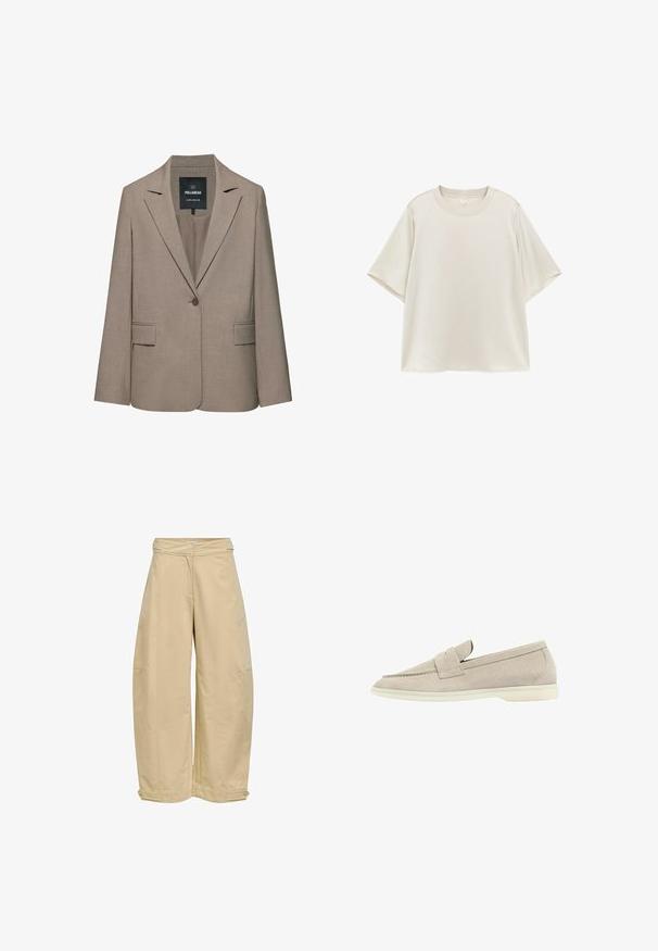 Blazer beige à un bouton, sur mesure, avec revers crantés, poches à rabat et une étiquette Pull&Bear à l'intérieur du col.; T-shirt uni beige clair à manches courtes avec col rond, coupe ample, présenté à plat sur fond blanc.; Pantalon beige à jambes larges avec taille haute et bretelles ajustables boutonnées à l'ourlet sur fond blanc.; Mocassin en suède beige clair avec une semelle blanche basse, un bout arrondi et une lanière cousue sur le dessus.