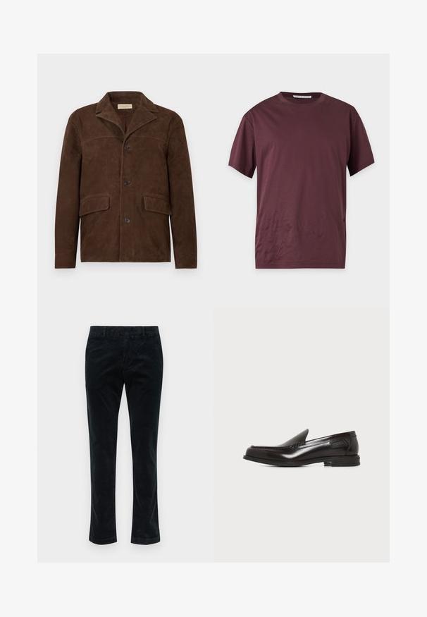 Veste pour homme en daim marron avec col à encoche, trois boutons sur le devant et deux poches à rabat au niveau des hanches.; T-shirt manches courtes à col rond de couleur bordeaux foncé uni, présenté à plat sur un fond clair.; Pantalons en corduroy noir à jambe droite, avec des côtes verticales, une texture douce et une taille standard sans matériel visible.; Mocassin pour homme en cuir noir, sans lacets, avec petit talon et coutures décoratives à l'avant et sur les côtés, sur fond blanc.
