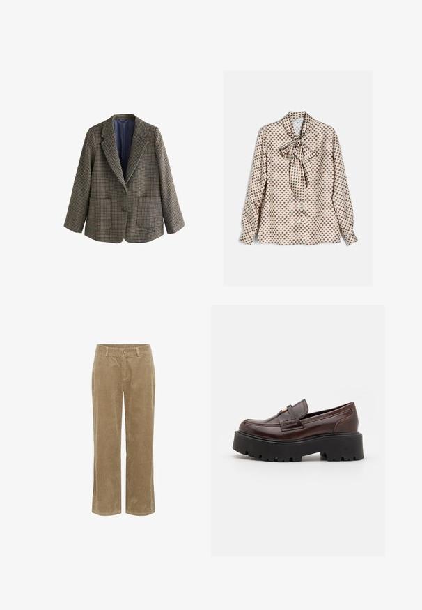 Brun houndstooth jakke med slagkrave, to forlommer og to knapper. Foret med et blåt stof, har en struktureret overflade.; Hvid bluse med lange ærmer med brunt firkantet mønster og stor bundet sløjfe ved halsudskæringen, vist på en flad overflade.; Beige kordfløjelbukser med bæltesløjfer, frontknap, lynlås og lige ben.; Madden Girl CALISTA - Loafers - brown