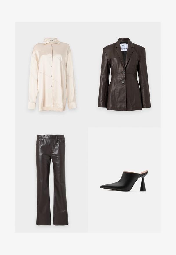 Dunkelbrauner, taillierter Lederblazer mit zwei Knöpfen, Reverskragen mit Aussparung und sichtbar innen am Kragen angebrachtem "Won Hundred"-Etikett.; AERON ABIGAIL SHIRT - Hemdbluse - silver; Dunkelbraune Hose aus Kunstleder mit geradem Bein, Knopf- und Reißverschluss, Taschen vorne und hinten sowie Gürtelschlaufen.; Schwarze Leder-Mules mit spitzem Zehenbereich und einzigartigem kegelförmigem Absatz. Glatte Textur und minimalistisches Design, offener Rücken für einfaches Anziehen.