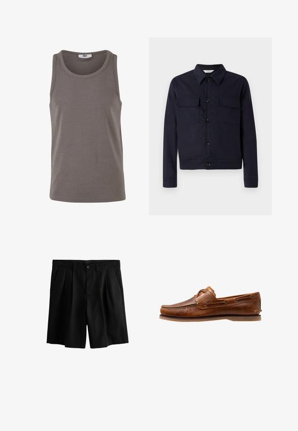 Libertine-Libertine MIND - Overgangsjakke - navy; Grå ribbet tank top med rund halsudskæring og brede ærmehuller. Lavet af strækbart stof, har den en almindelig pasform og et minimalistisk design.; Sorte shorts med plisseret design, knaplukning og en glat tekstur. Taljeholderen inkluderer bæltesløjfer for ekstra stil.; Brune læder bådsko med syede detaljer, der har metaløjer, en forhøjet søm på tåen og en flad gummisål.