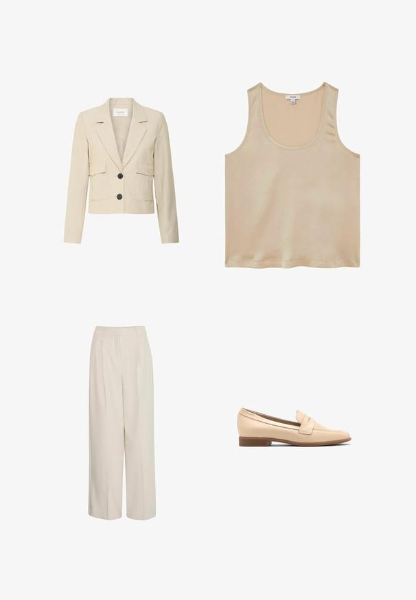Beige taillierter Blazer aus strukturiertem Stoff mit Reverskragen, zwei aufgesetzten Taschen und zwei schwarzen Knöpfen auf der Vorderseite.; Reiss REGULAR FIT - Bluse - neutral; Hochtaillierte, cremefarbene, weite Hosen mit Falten, aus glattem Stoff, mit einem schlichten Design und taillierter Passform.; Beige Leder Slipper mit runder Zehenform, ausgestattet mit einem dekorativen Riemen an der Vorderseite und einem niedrigen, gestapelten Absatz. Glatte Textur.