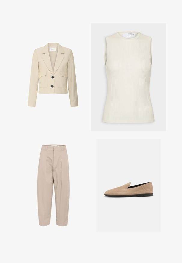 Blazer cropped beige en tissu texturé, avec un col cranté, deux poches plaquées et deux boutons noirs à l'avant.; Selected Knitted Sleeveless - Débardeur - birch; Pantalons en mélange de coton beige, à coupe ample, avec des plis sur le devant, une taille et des chevilles raccourcies. Design simple, sans motifs ni accents.; Mocassin beige en daim à enfiler avec semelle noire, petit talon et bout arrondi, présenté de profil sur fond blanc.